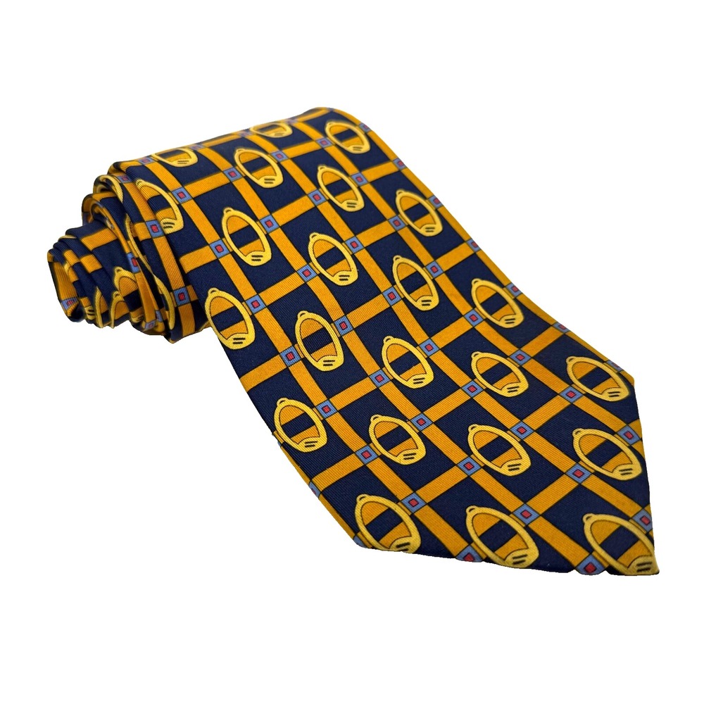 GUCCI Silk Neck Tie Blue‎ Gold Yellow Geometric Print Design